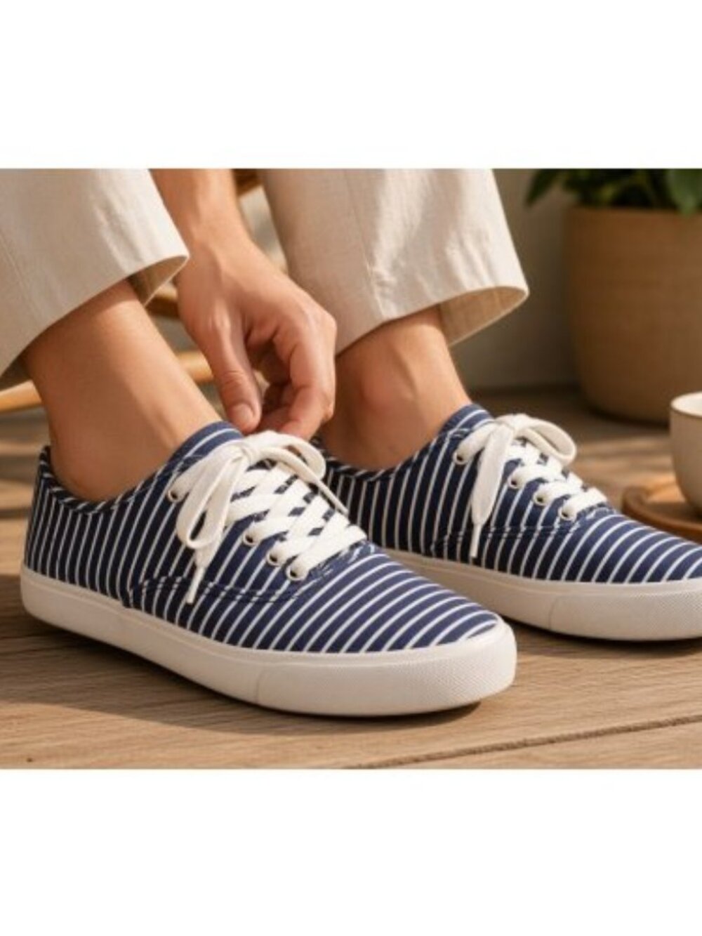 Avon CUSHION WALK Navy White Striped Tie Canvas Sneakers Ladies Size 8